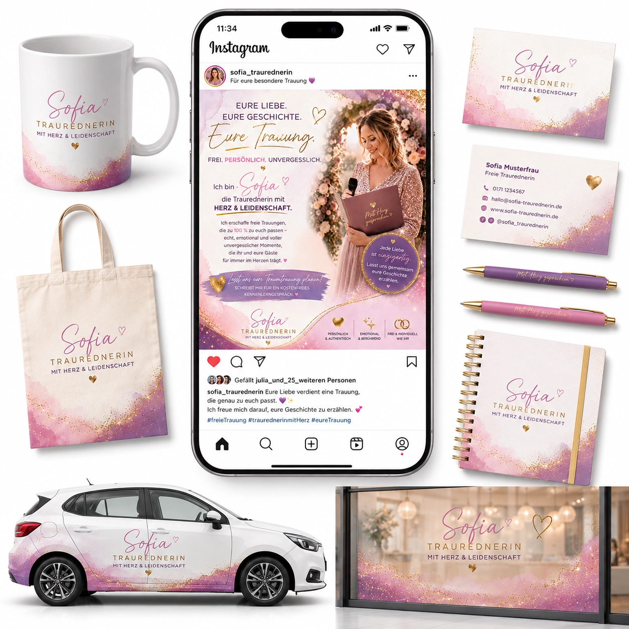 Ein Look auf Visitenkarte, Flyer, Tasse, Tasche und Fahrzeug komplette Geschaeftsausstattung