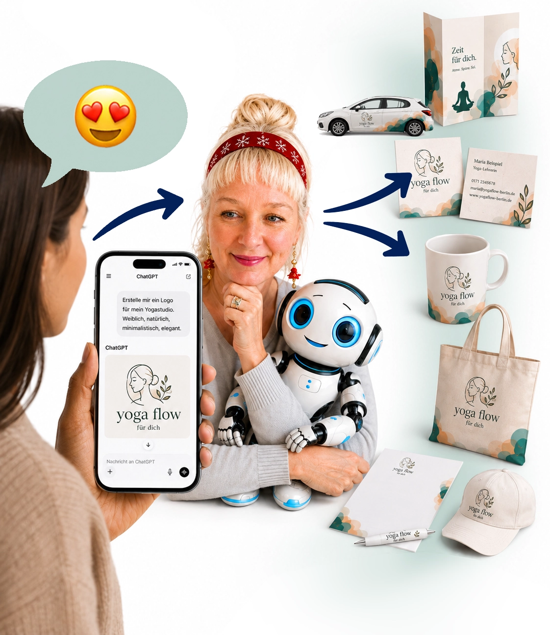 Eine Kundin zeigt Franka ihre mit ChatGPT entwickelte Yoga-Logoidee. Franka überträgt den Look auf professionelle Geschäftsmittel.