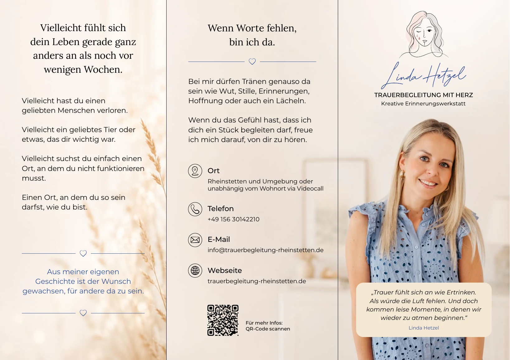Außenseite des sechsseitigen Faltblatts für Linda Hetzels Trauerbegleitung